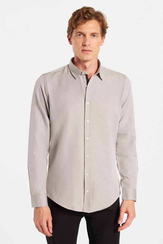 Slim Fit Uzun Kollu Oxford Doku Armürlü Biyeli Erkek Krem Gömlek