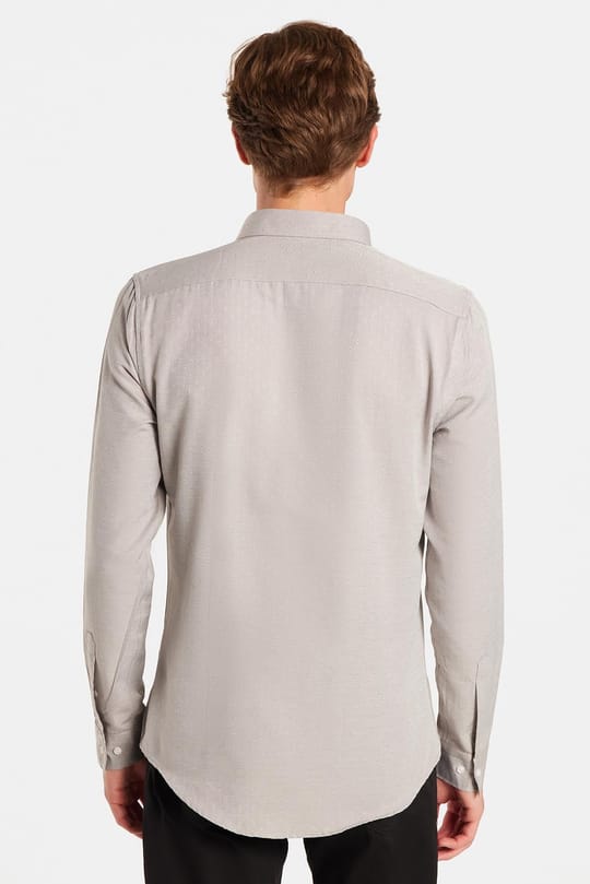 Slim Fit Uzun Kollu Oxford Doku Armürlü Biyeli Erkek Krem Gömlek