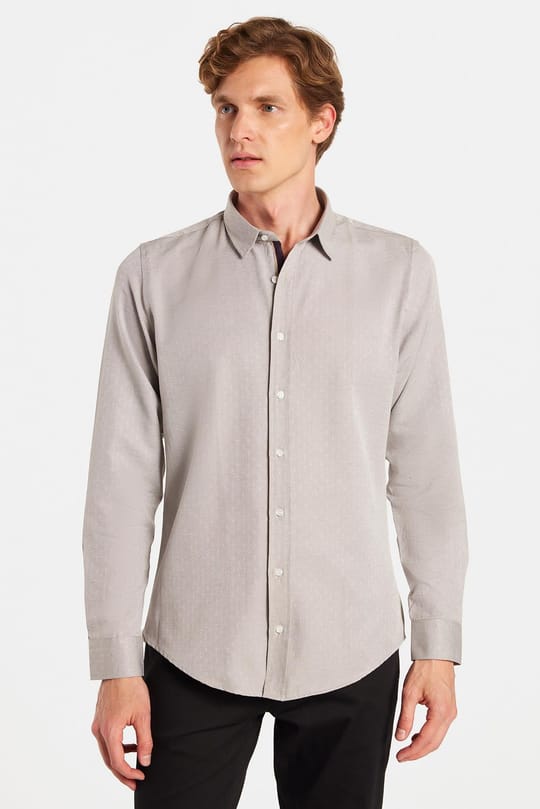 Slim Fit Uzun Kollu Oxford Doku Armürlü Biyeli Erkek Krem Gömlek