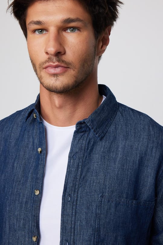 Slim Fit Uzun Kol Tek Cep Denim Lacivert Erkek Gömlek