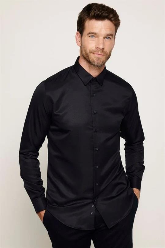 2li Paket Siyah Slim Fit Kolay Ütü Teri Emen Nefes Alan Doku Dört Mevsim Erkek Gömlek