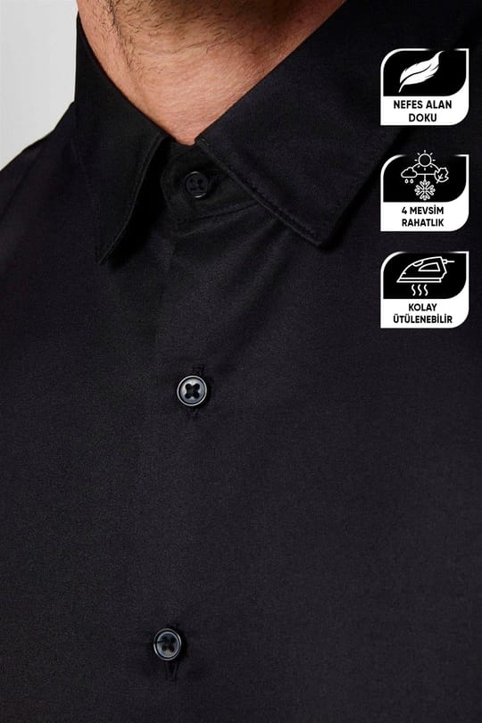 2li Paket Siyah-Beyaz Slim Fit Kolay Ütü Teri Emen Nefes Alan Doku Dört Mevsim Erkek Gömlek