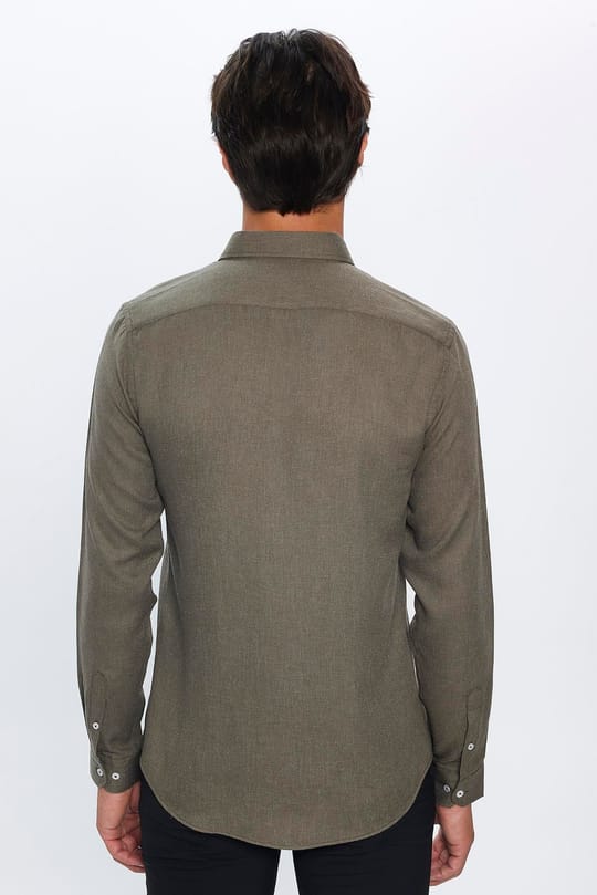 Slim Fit Uzun Kollu Düğmeli Yaka Kışlık Yün Viskon Düz Gömlek
