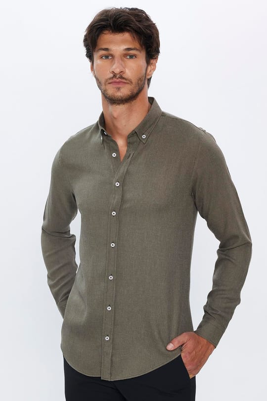 Slim Fit Uzun Kollu Düğmeli Yaka Kışlık Yün Viskon Düz Gömlek