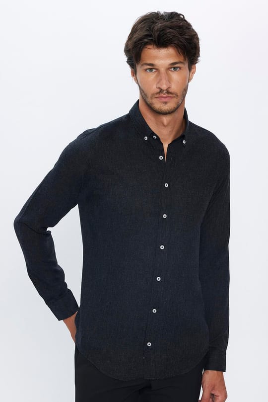 Slim Fit Uzun Kollu Düğmeli Yaka Kışlık Yün Viskon Düz Gömlek