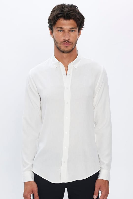 Erkek Slim Fit Dar Kesim Yün Viskon Düğmeli yaka Beyaz Düz Gömlek