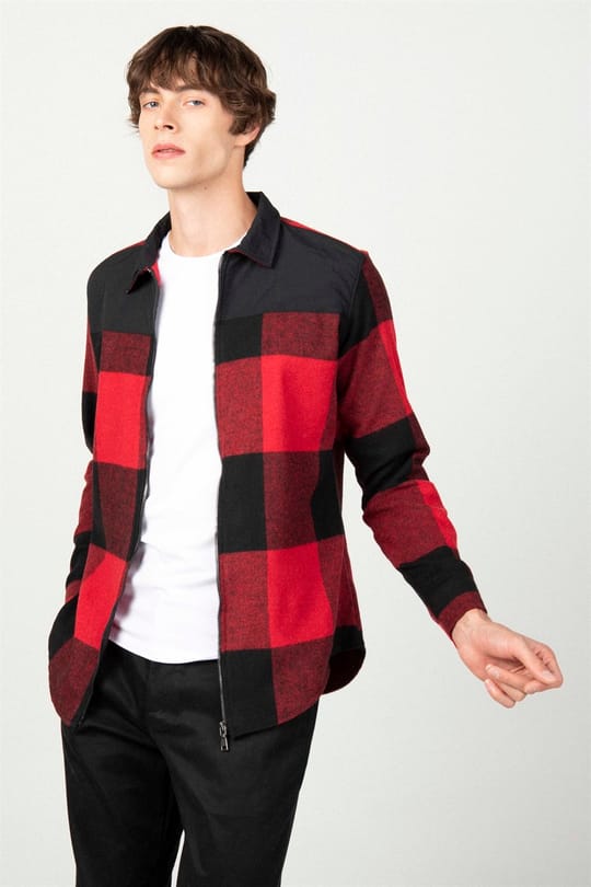 Slim Fit Uzun Kollu Kışlık Oduncu Fermuarlı Parçalı Erkek Gömlek