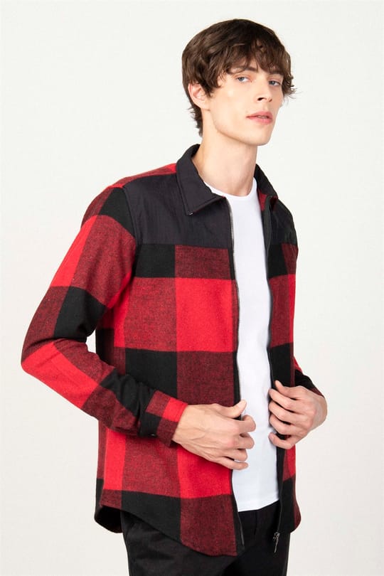 Slim Fit Uzun Kollu Kışlık Oduncu Fermuarlı Parçalı Erkek Gömlek
