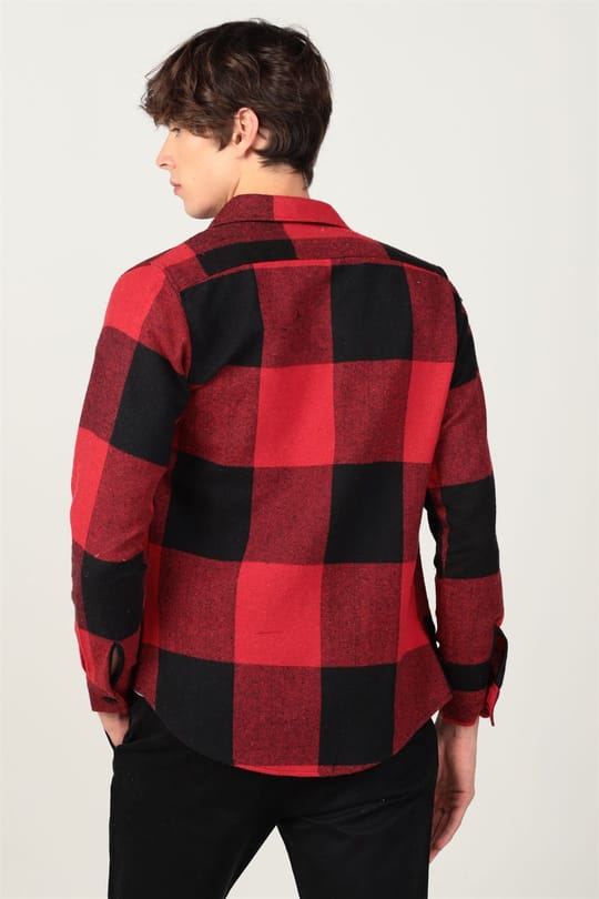 Slim Fit Uzun Kollu Kareli Tek Cepli Kışlık Oduncu Erkek Kırmızı Gömlek