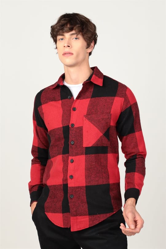 Slim Fit Uzun Kollu Kareli Tek Cepli Kışlık Oduncu Erkek Kırmızı Gömlek