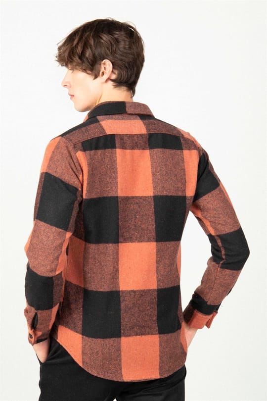 Slim Fit Uzun Kollu Kareli Tek Cepli Kışlık Oduncu Erkek Siyah Gömlek