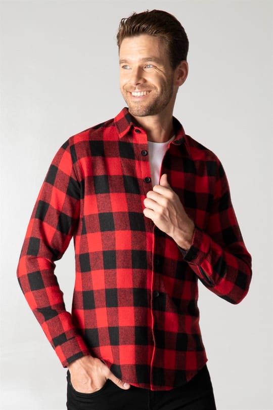 Slim Fit Uzun Kollu Kışlık Oduncu Kareli Erkek Kırmızı Gömlek