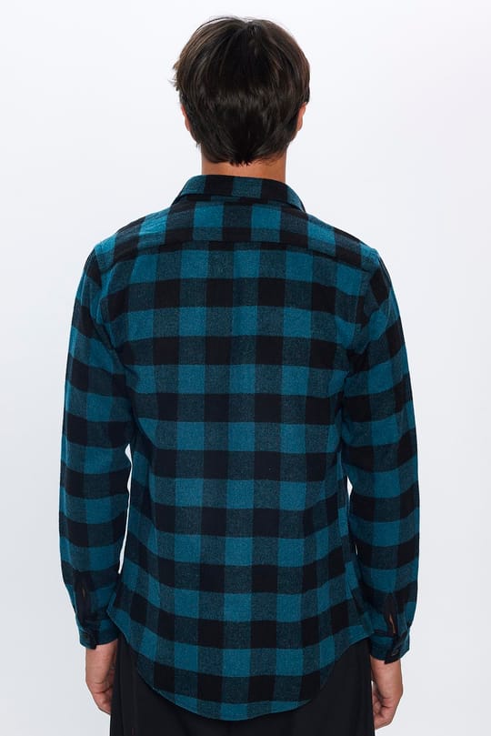 Slim Fit Uzun Kollu Kareli Kışlık Oduncu Erkek Petrol Gömlek