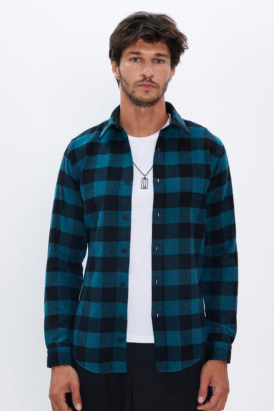 Slim Fit Uzun Kollu Kareli Kışlık Oduncu Erkek Petrol Gömlek