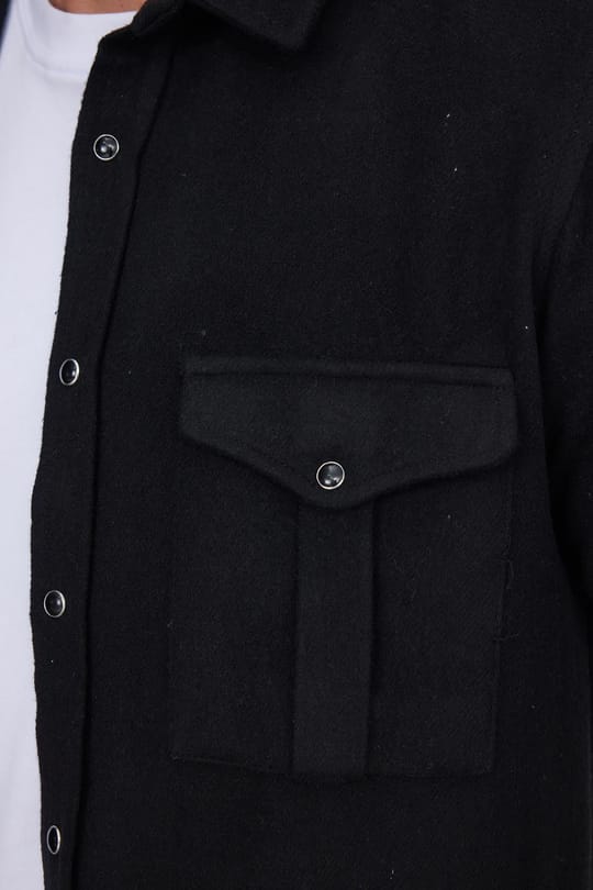 Slim Fit Uzun Kollu Kışlık Oduncu Çift Cep Kapaklı Düz Unisex Siyah Gömlek