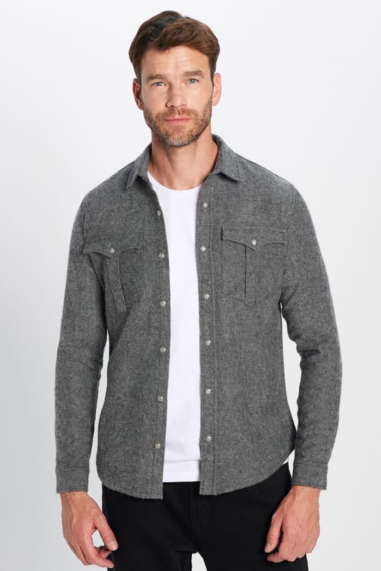 Erkek Slim Fit Dar Kesim Oduncu Çift Cepli Kapaklı Düz Gri Kışlık Gömlek