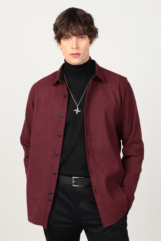 Slim Fit Uzun Kollu Kışlık Oduncu Düz Erkek Bordo Gömlek