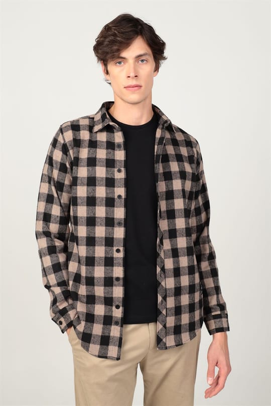 Slim Fit Uzun Kollu Kışlık Oduncu Dama Desen Erkek Kahve Gömlek