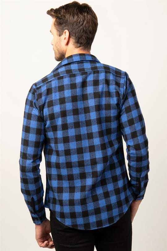Slim Fit Uzun Kollu Kışlık Oduncu Dama Desen Erkek Sax Mavi Gömlek