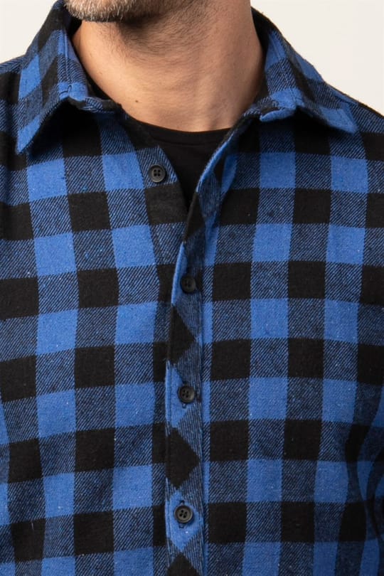 Slim Fit Uzun Kollu Kışlık Oduncu Dama Desen Erkek Sax Mavi Gömlek