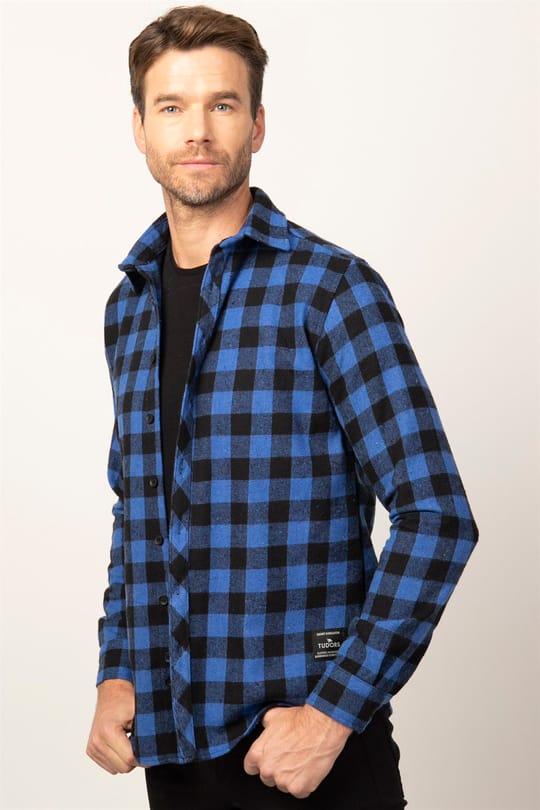 Slim Fit Uzun Kollu Kışlık Oduncu Dama Desen Erkek Sax Mavi Gömlek