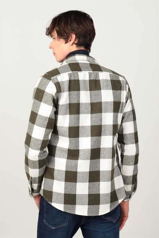 Slim Fit Uzun Kollu Kışlık Oduncu Kapaklı Tek Cep Dama Desen Haki Gömlek