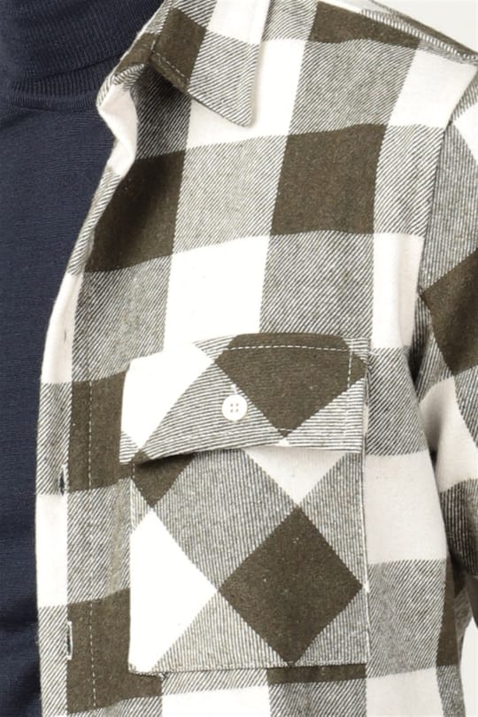 Slim Fit Uzun Kollu Kışlık Oduncu Kapaklı Tek Cep Dama Desen Haki Gömlek