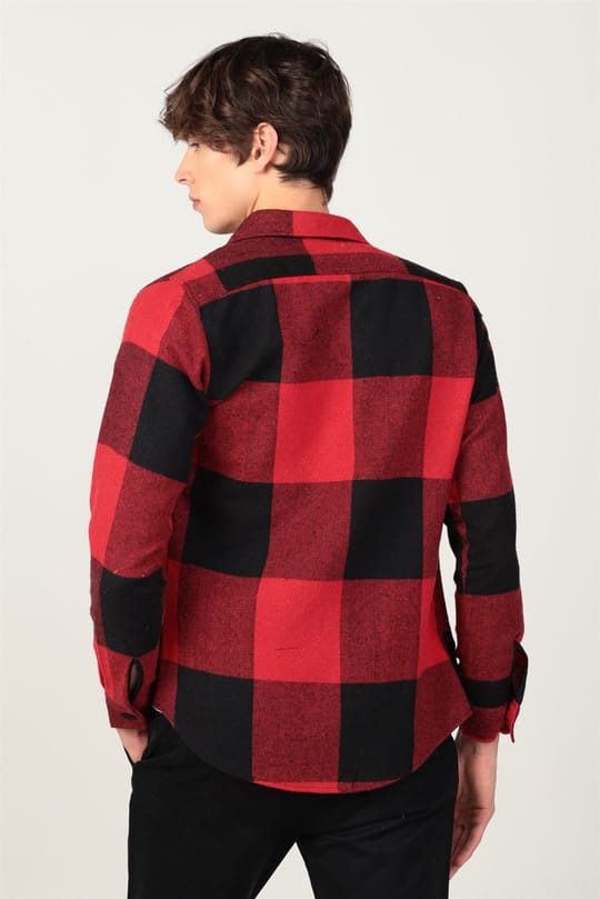 Slim Fit Uzun Kollu Kışlık Oduncu Dama Desen Tek Cepli Erkek Kırmızı Gömlek