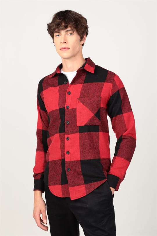 Slim Fit Uzun Kollu Kışlık Oduncu Dama Desen Tek Cepli Erkek Kırmızı Gömlek