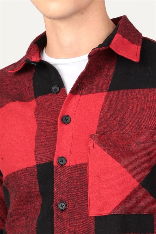 Slim Fit Uzun Kollu Kışlık Oduncu Dama Desen Tek Cepli Erkek Kırmızı Gömlek