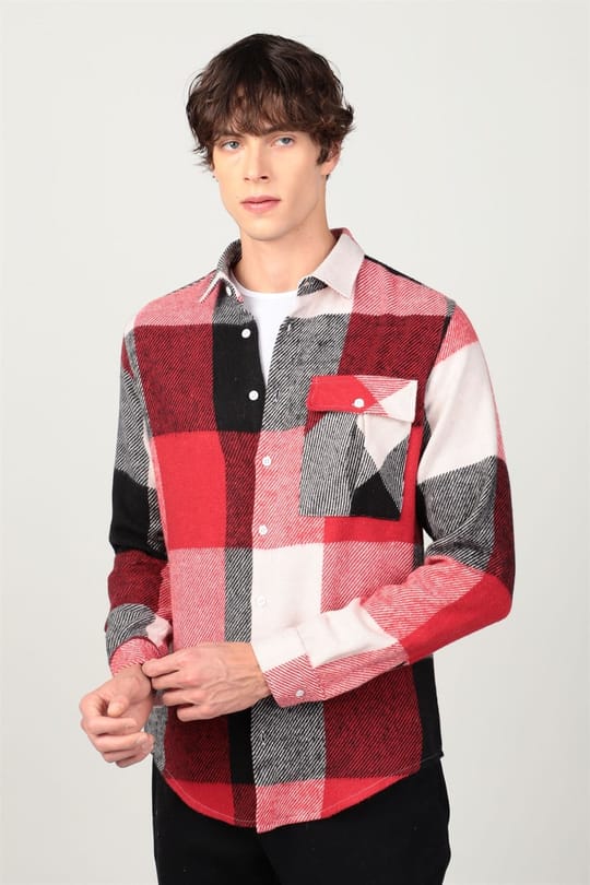Slim Fit Uzun Kollu Büyük Kareli Büyük Cep Kışlık Oduncu Erkek Kırmızı Gömlek