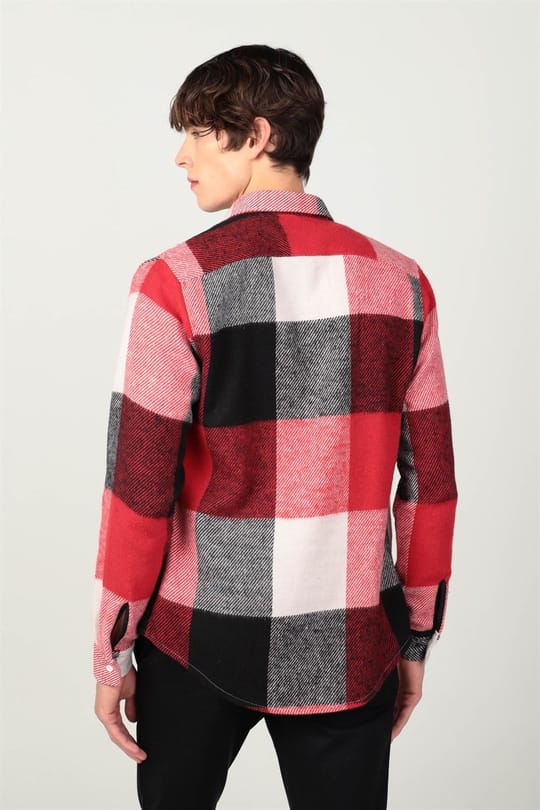 Slim Fit Uzun Kollu Büyük Kareli Büyük Cep Kışlık Oduncu Erkek Kırmızı Gömlek