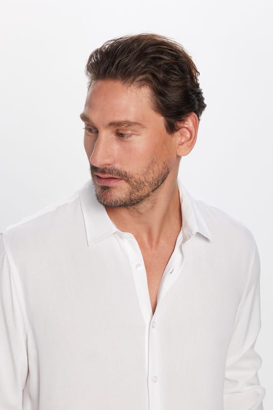 Slim Fit Uzun Kollu Dar Kesim Dökümlü Viskon Şık Erkek Beyaz Gömlek