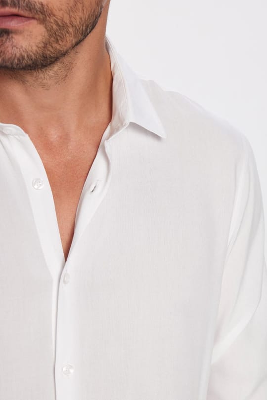 Slim Fit Uzun Kollu Dar Kesim Dökümlü Viskon Şık Erkek Beyaz Gömlek
