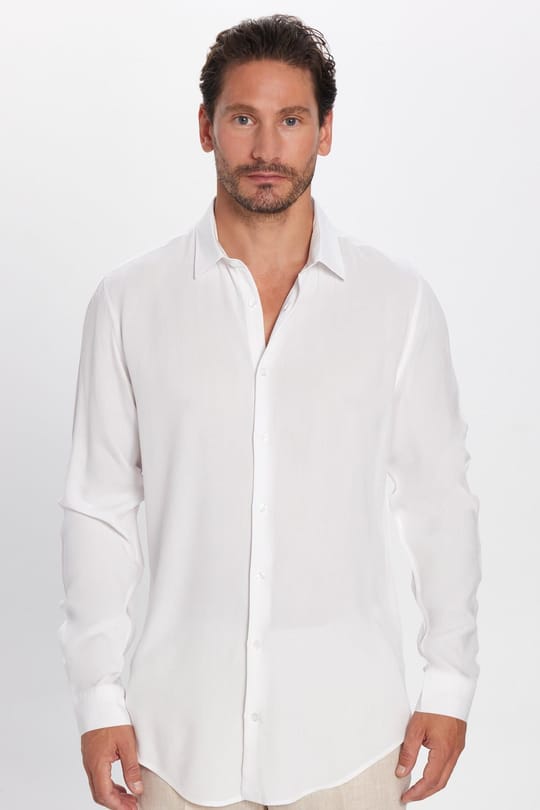 Slim Fit Uzun Kollu Dar Kesim Dökümlü Viskon Şık Erkek Beyaz Gömlek
