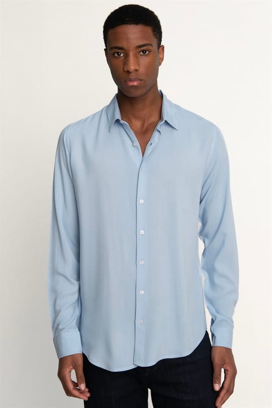 Slim Fit Uzun Kollu Dar Kesim Dökümlü Viskon Şık Erkek Mavi Gömlek