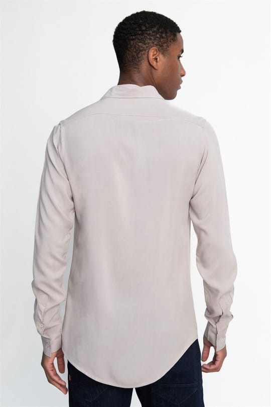 Slim Fit Uzun Kollu Dar Kesim Dökümlü Viskon Şık Erkek Taş Gömlek