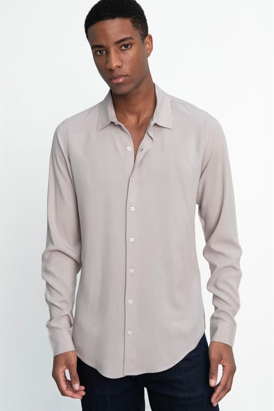 Slim Fit Uzun Kollu Dar Kesim Dökümlü Viskon Şık Erkek Taş Gömlek