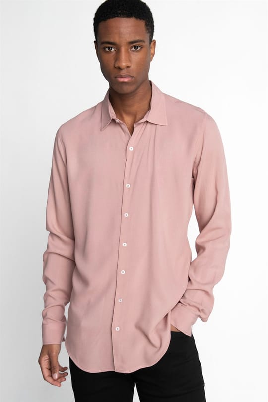 Slim Fit Uzun Kollu Dar Kesim Dökümlü Viskon Şık Erkek Pembe Gömlek