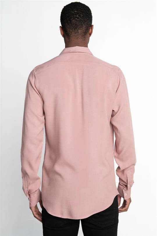 Slim Fit Uzun Kollu Dar Kesim Dökümlü Viskon Şık Erkek Pembe Gömlek