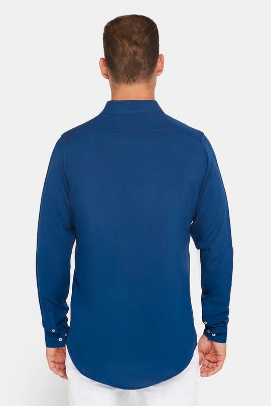 Slim Fit Uzun Kollu Dar Kesim Dökümlü Viskon Şık Erkek Lacivert Gömlek