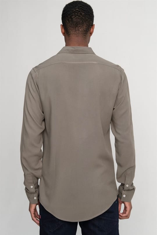 Slim Fit Uzun Kollu Dar Kesim Dökümlü Viskon Şık Erkek Haki Gömlek
