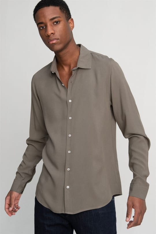 Slim Fit Uzun Kollu Dar Kesim Dökümlü Viskon Şık Erkek Haki Gömlek