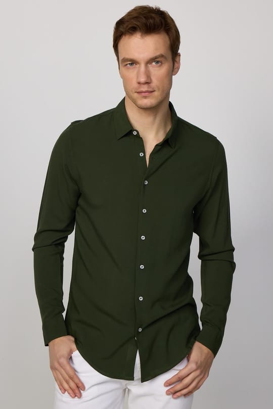 Slim Fit Dar Kesim Uzun Kol Dökümlü Viskon Şık Haki Erkek Gömlek