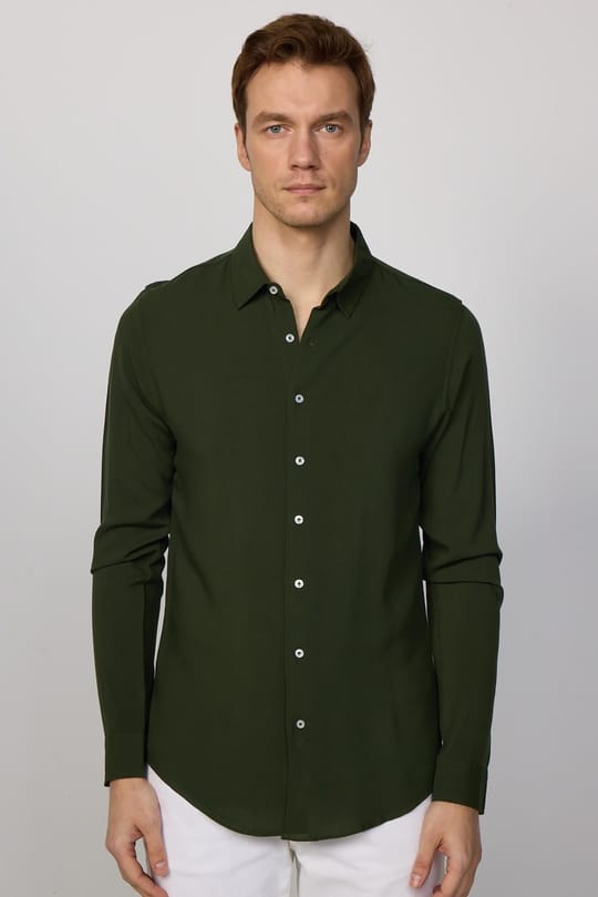 Slim Fit Uzun Kollu Dar Kesim Dökümlü Viskon Şık Haki Erkek Gömlek