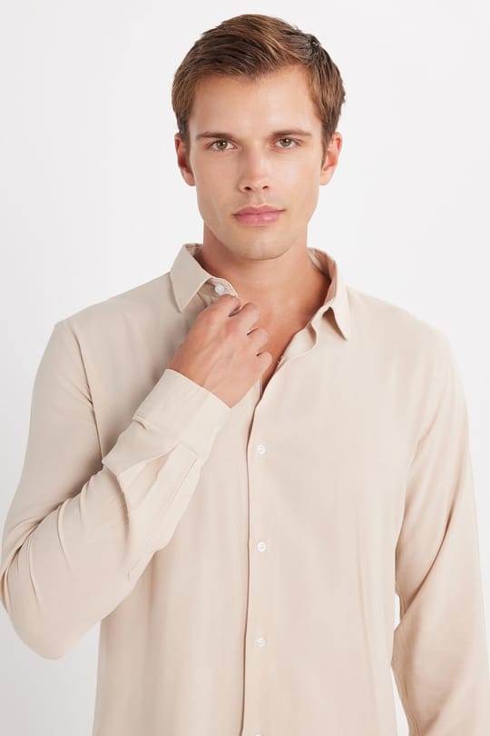 Slim Fit Uzun Kollu Dar Kesim Dökümlü Viskon Şık Taş Rengi Erkek Gömlek