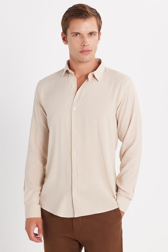 Slim Fit Uzun Kollu Dar Kesim Dökümlü Viskon Şık Taş Rengi Erkek Gömlek