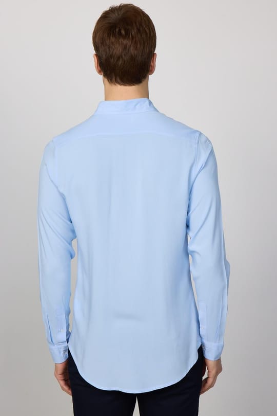 Slim Fit Uzun Kollu Dar Kesim Dökümlü Viskon Şık Mavi Erkek Gömlek