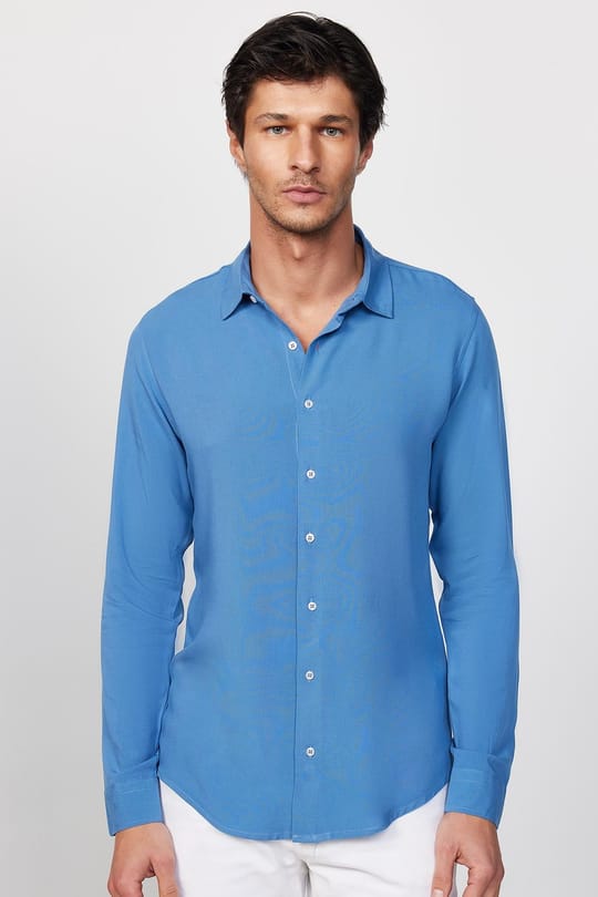 Slim Fit Uzun Kollu Dar Kesim Dökümlü Viskon Şık İndigo Erkek Gömlek