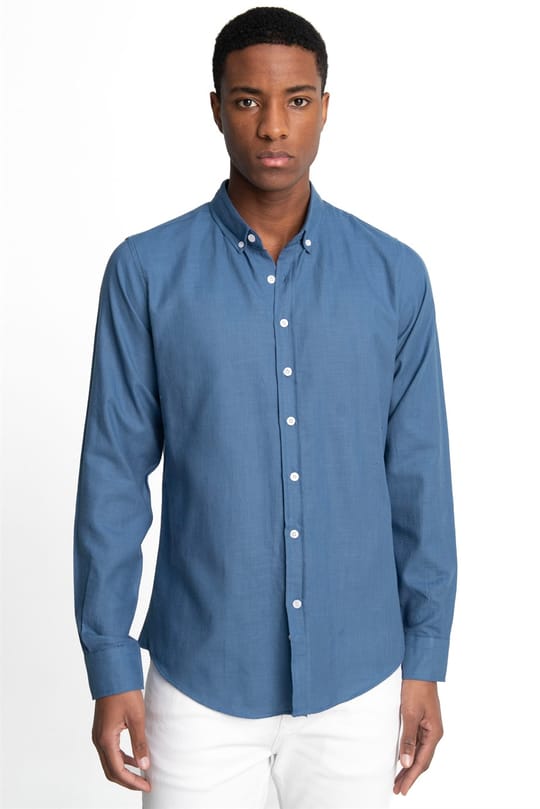 Erkek Slim Fit Dar Kesim %100 Pamuk Keten Doku Düğmeli Yaka Indigo Gömlek